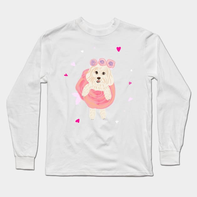 Rose Dress Cute Maltipoo Dog Long Sleeve T-Shirt by PatternbyNOK